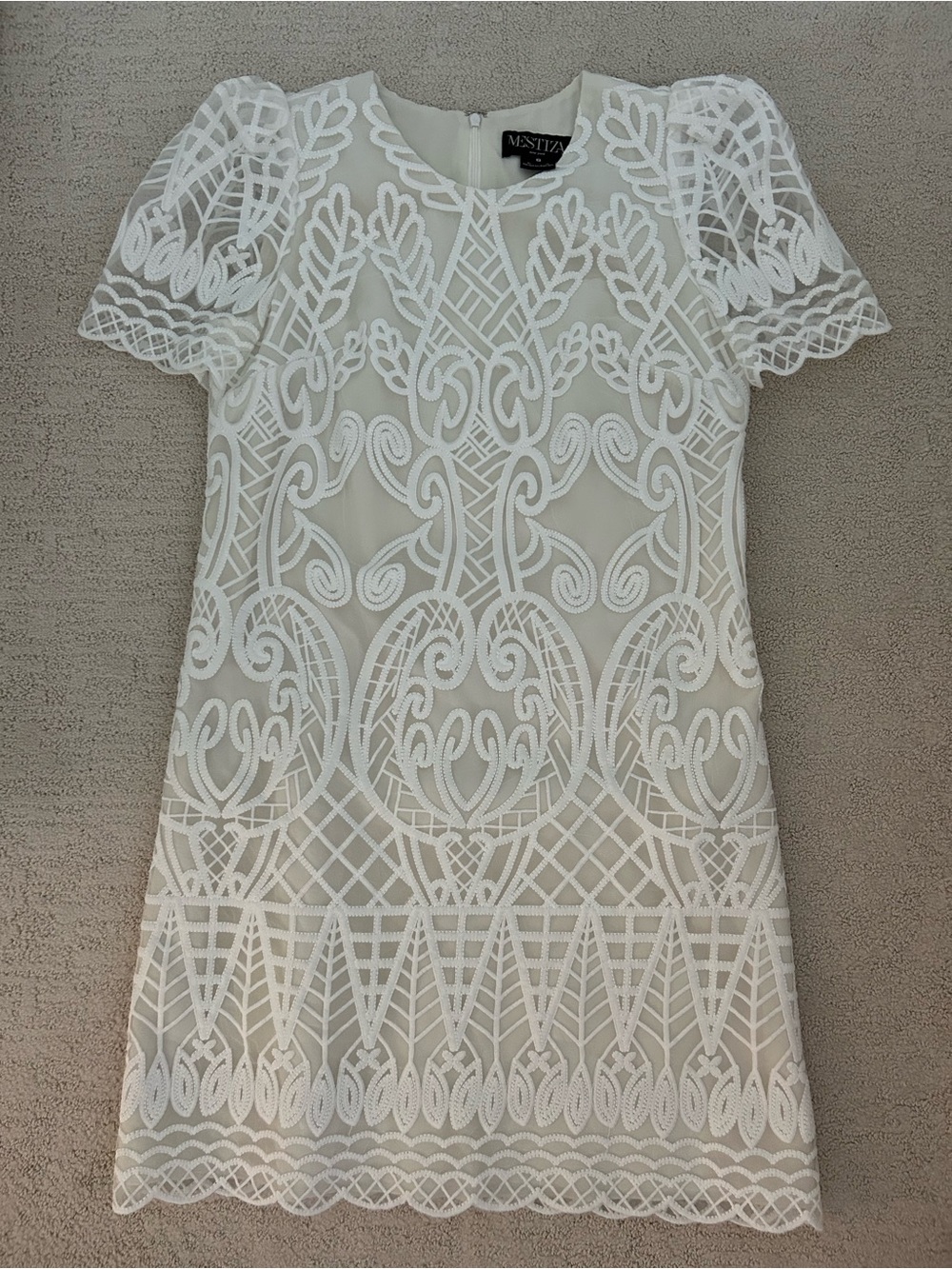 Mestiza White Lace Mini Dress with Embroidered Overlay